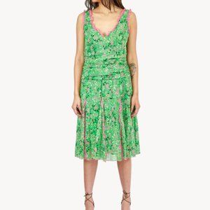 BCBG Maxazria Pink Ruffle Ruched Waist Pleated Spring Midi Confetti Green Dress